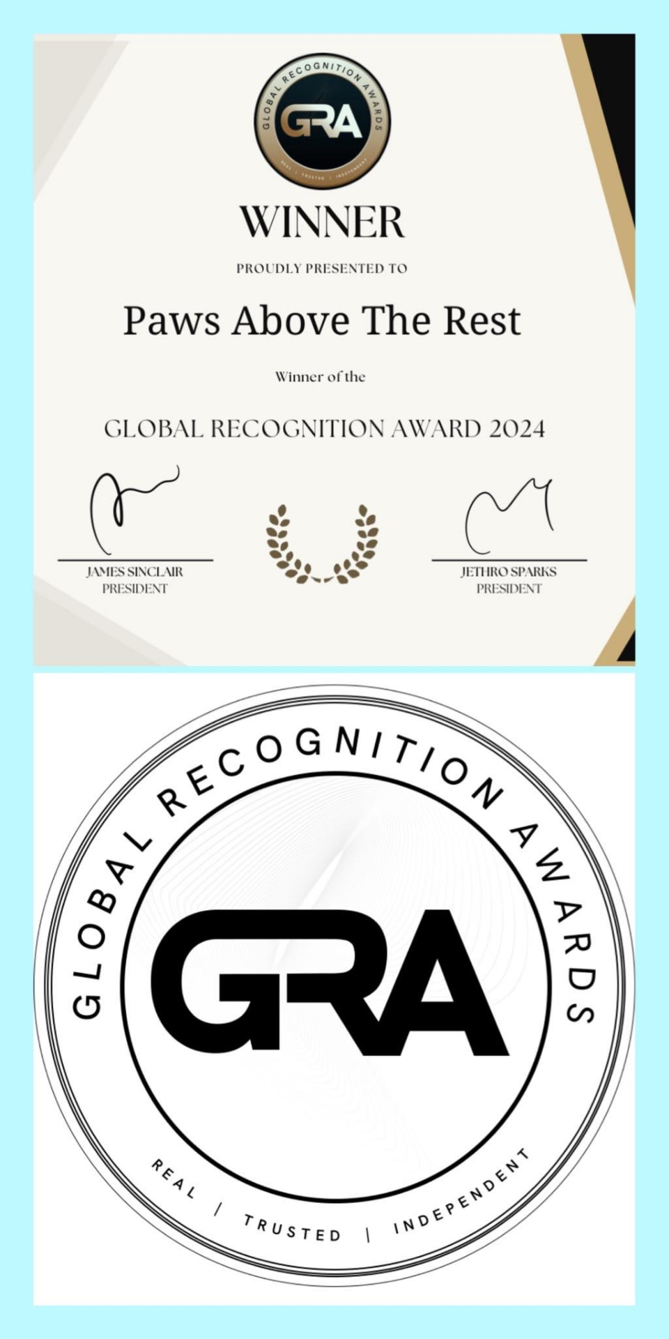 Global Recognition Award 2024 certificate with the award seal shown larger beneath it