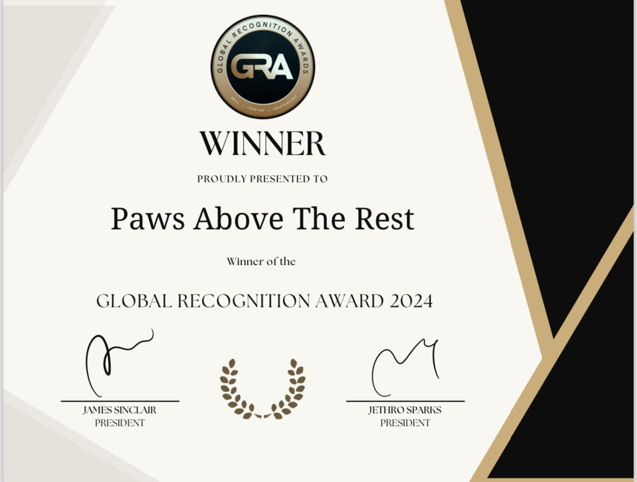 Global Recognition Award 2024 certificate presented to Paws Above The Rest