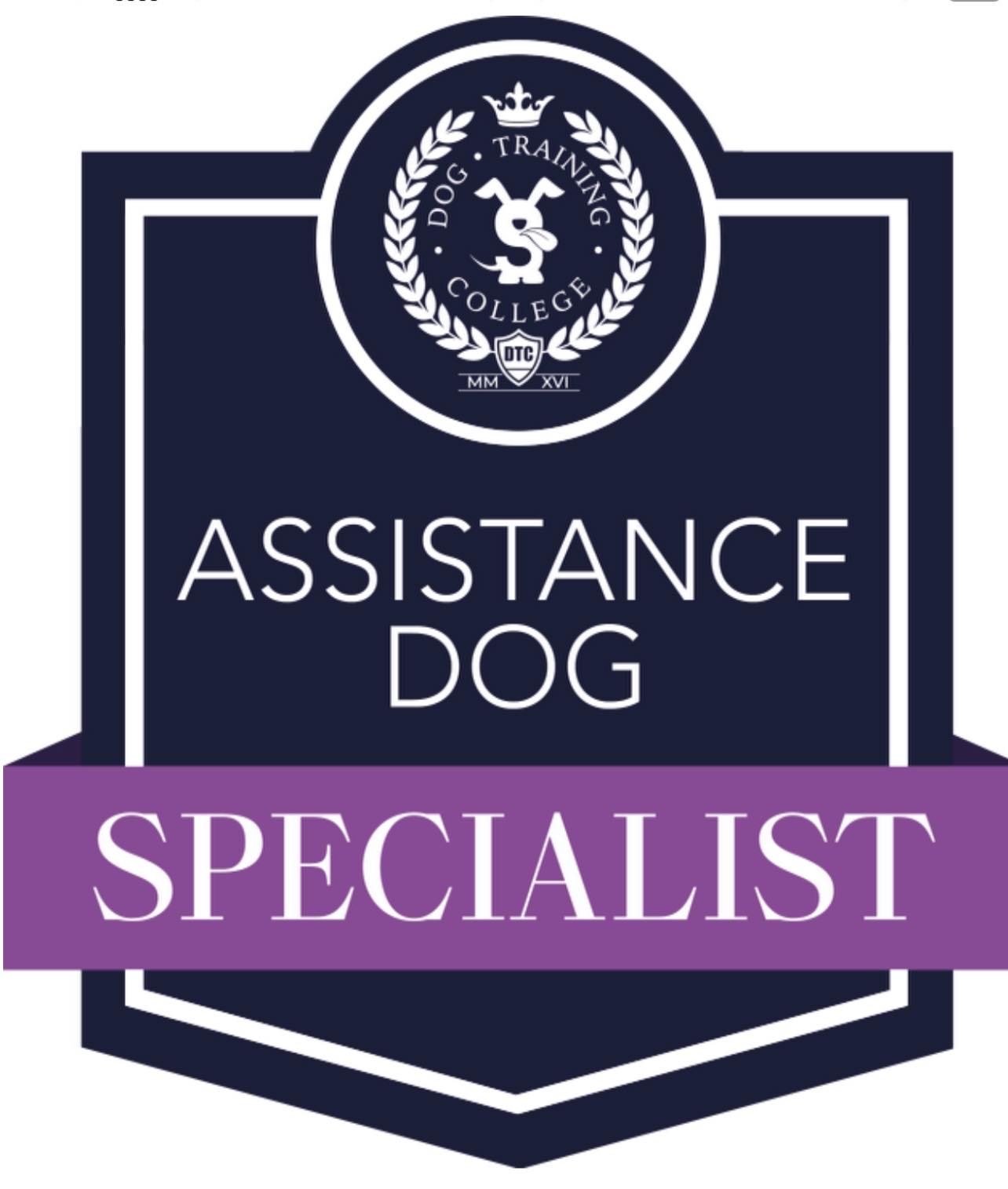 Dog Training College shield badge reading Assistance Dog Specialist