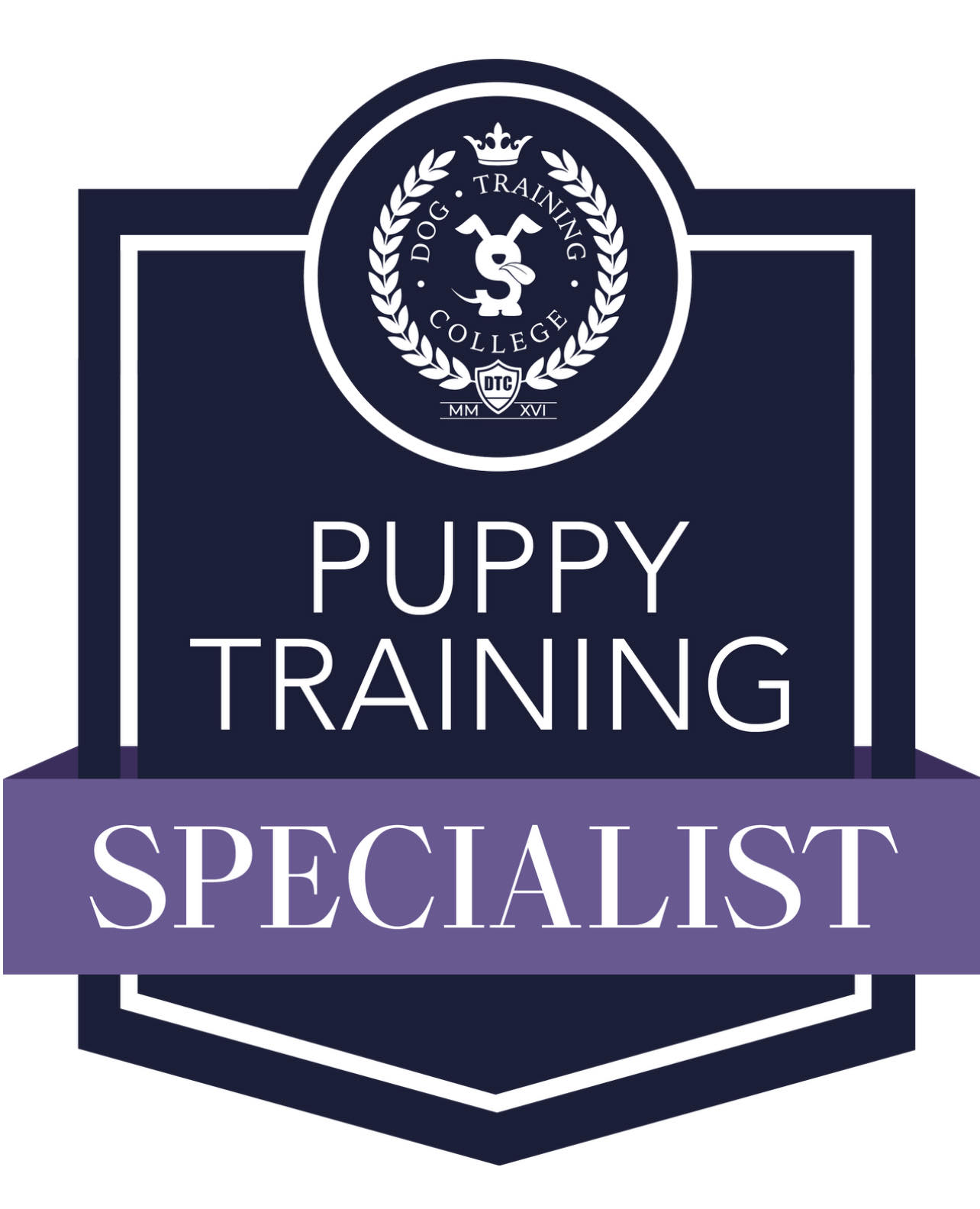 Dog Training College shield badge reading Puppy Training Specialist