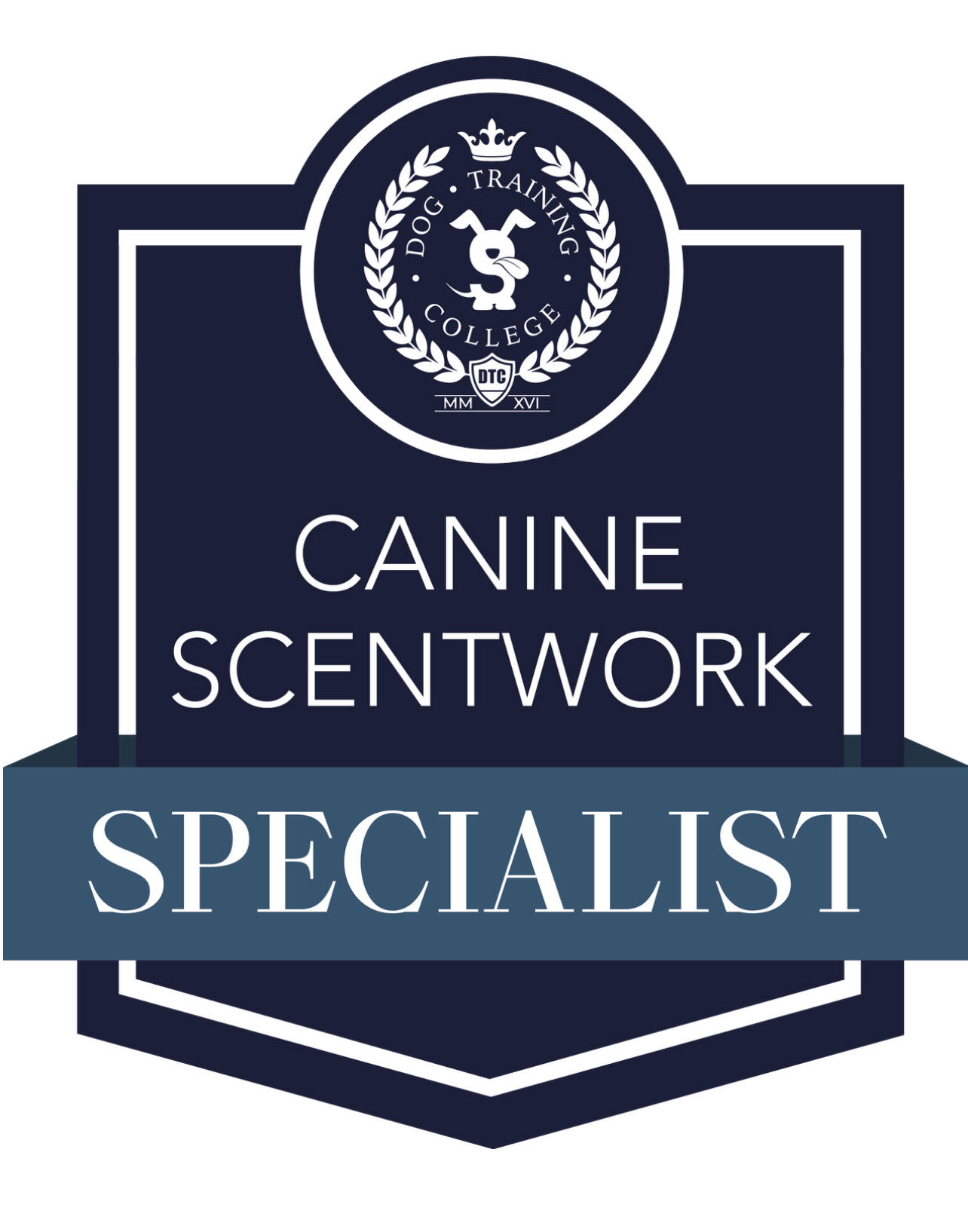 Dog Training College shield badge reading Canine Scentwork Specialist