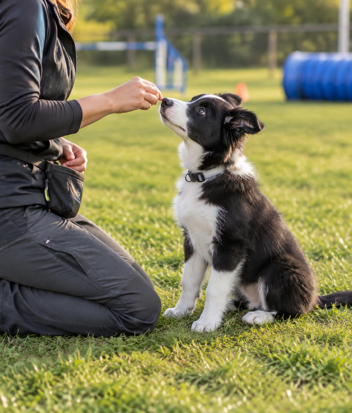 Trainer rewarding a border collie puppy